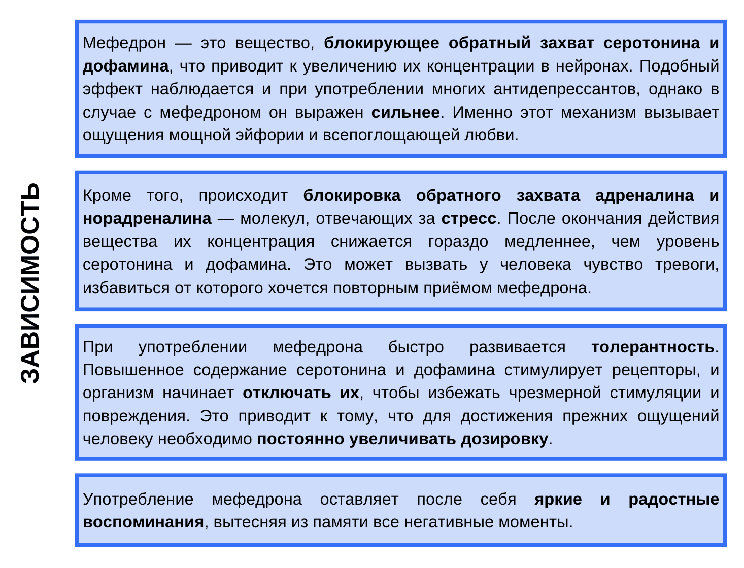 Почему мефедрон вызывает сильную зависимость? Мефедрон — это вещество, блокирующее обратный захват серотонина и дофамина, что приводит к увеличению их концентрации в нейронах. Подобный эффект наблюдается и при употреблении многих антидепрессантов, однако в случае с мефедроном он выражен сильнее. Именно этот механизм вызывает ощущения мощной эйфории и всепоглощающей любви.
Кроме того, происходит блокировка обратного захвата адреналина и норадреналина — молекул, отвечающих за стресс. После окончания действия препарата их концентрация снижается гораздо медленнее, чем уровень серотонина и дофамина. Это может вызвать у человека чувство тревоги, избавиться от которого хочется повторным приёмом мефедрона.
При употреблении мефедрона быстро развивается толерантность. Повышенное содержание серотонина и дофамина стимулирует рецепторы, и организм начинает отключать их, чтобы избежать чрезмерной стимуляции и повреждения. Это приводит к тому, что для достижения прежних ощущений человеку необходимо постоянно увеличивать дозировку.
Употребление мефедрона оставляет после себя яркие и радостные воспоминания, вытесняя из памяти все негативные моменты.